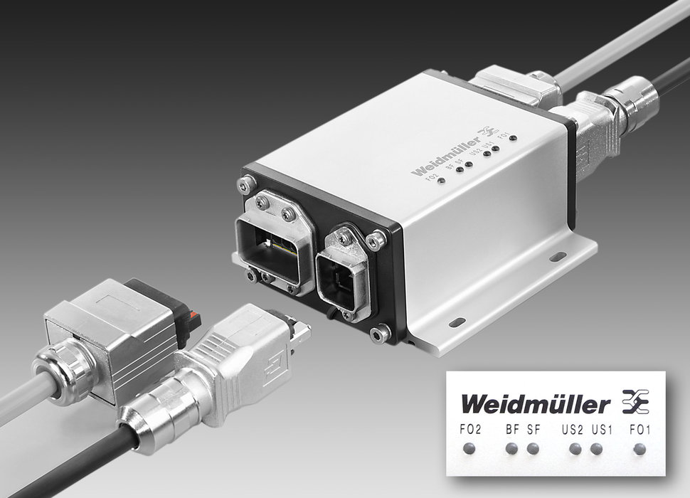 Repetidor FreeCon Active da Weidmüller: repetidor PROFINET POF para diagnóstico de sinais luminosos. - Em conformidade com as especificações da AIDA (Iniciativa de Automação da Indústria Automotiva Alemã). - Ferramenta multifunções HTX-IE POF para conectores SC-RJ terminais.